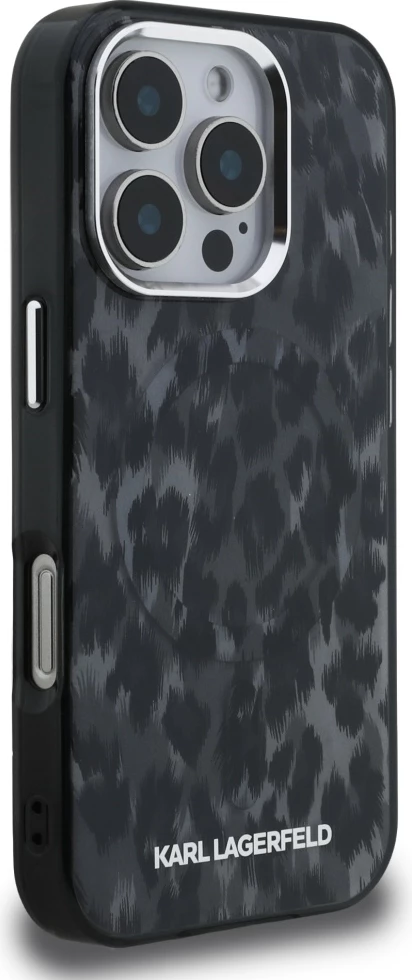 Mbështjellës Karl Lagerfeld IML Leopard Pattern MagSafe për iPhone 16 Pro, i zi, me kuti