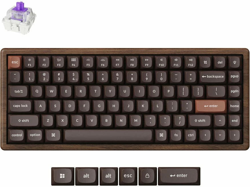 Tastierë mekanike Keychron K2 HE All-Wood Special Edition (K2H-F1W), 75%, Gateron Double-Rail Magnetic Nebula, RGB, wireless 2.4GHz/Bluetooth/USB-C, US layout, kafe