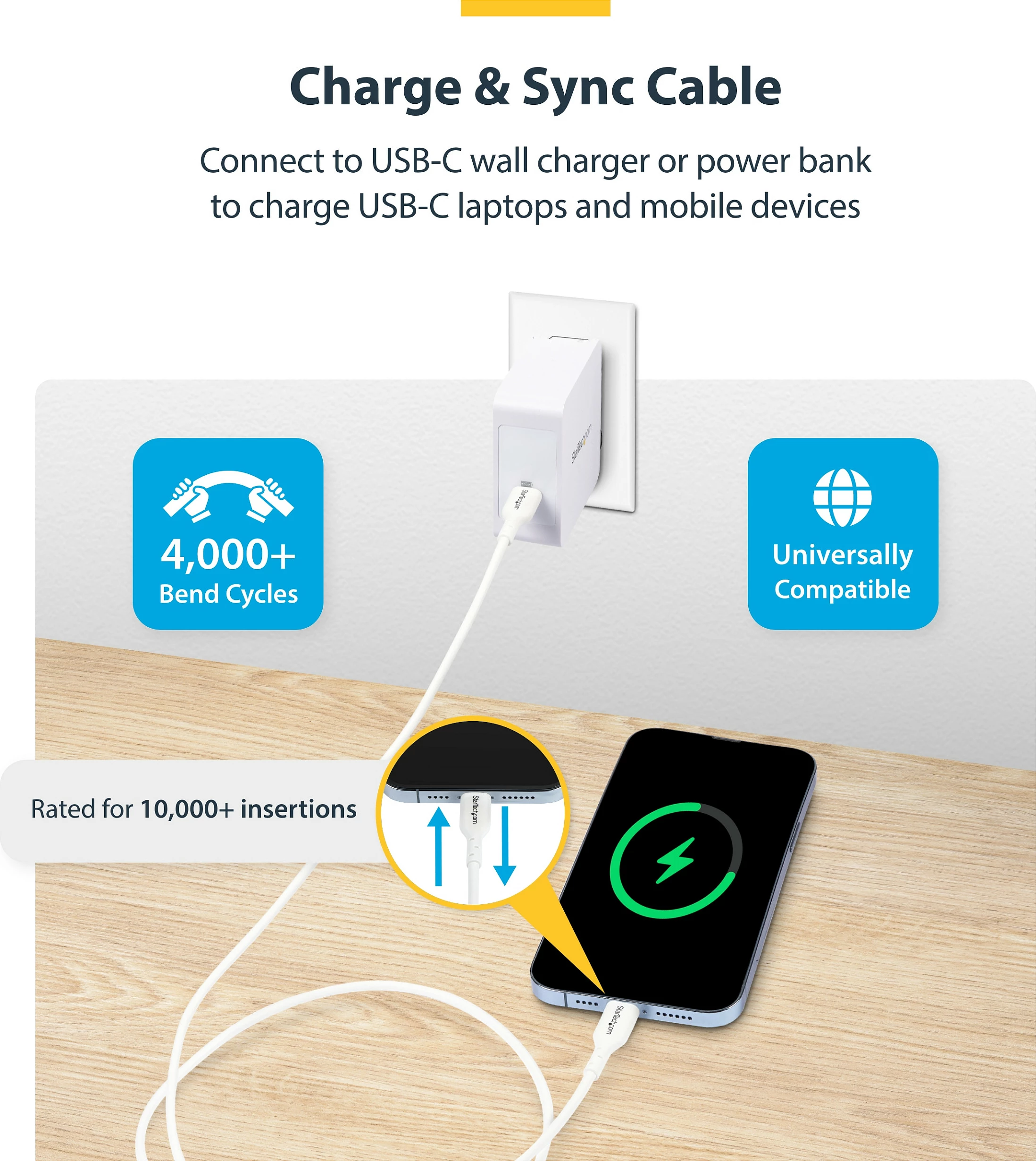 Kabllo USB-C StarTech 1m, USB 2.0, PD 60W 3A, e bardhë