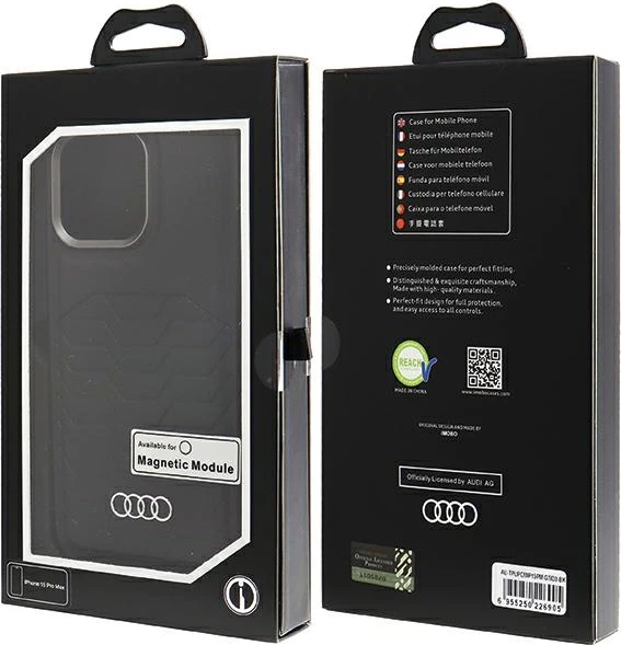 Mbështjellës Audi për iPhone 15 Pro Max, lëkurë sintetike, MagSafe, i zi