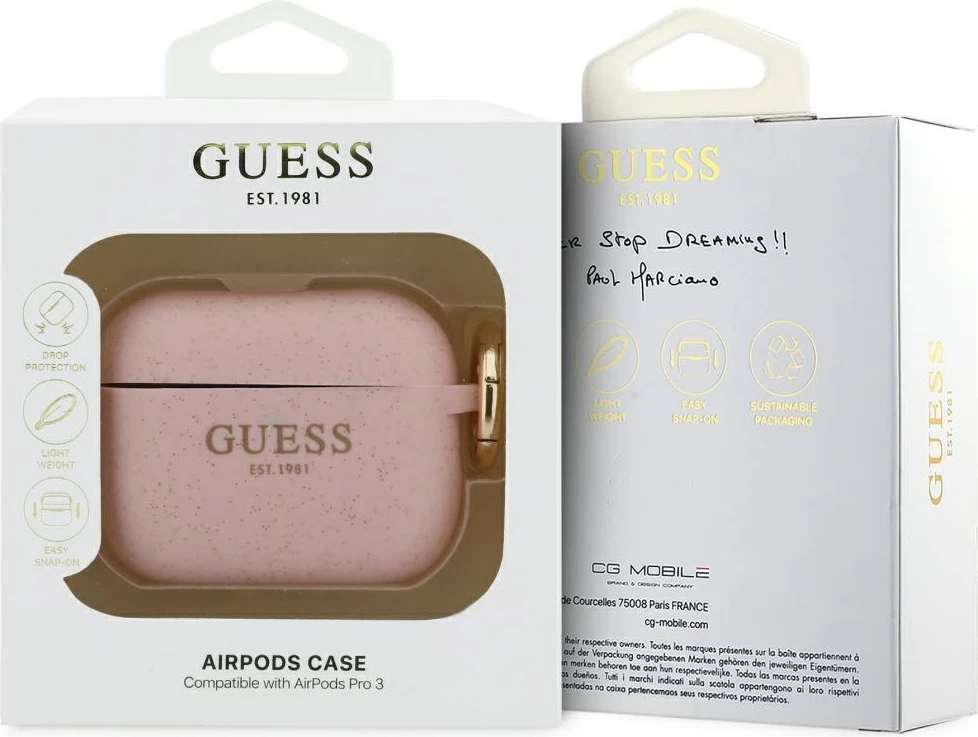 Mbështjellës silikoni Guess Silicone Glitter Ring për AirPods Pro 3, me glitter dhe karabinë, rozë, në kuti