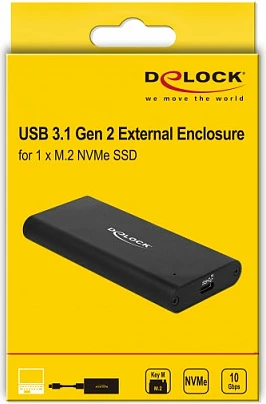 Kasë për SSD DeLOCK 42614, M.2 NVMe, USB-C, 10 Gbit/s, e zezë
