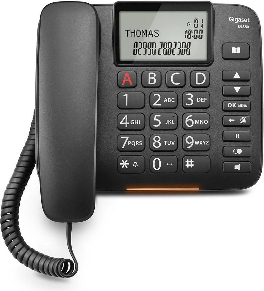 Telefon fiks analog Gigaset DL380, butona të mëdhenj, speakerphone, ekran LCD, i zi