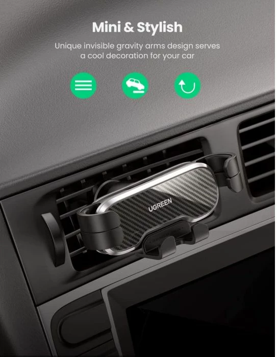 Mbajtës telefoni për veturë UGREEN 80539, air vent, gravitet auto-mbërthim, rrotullim 360°, 4.7-7.2", i zi/gri, në kuti