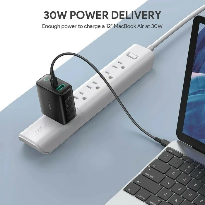 Karikues muri, AUKEY PA-D1, USB Power Delivery 30W, 2 porte (USB-C + USB-A), Dynamic Detect, e zezë