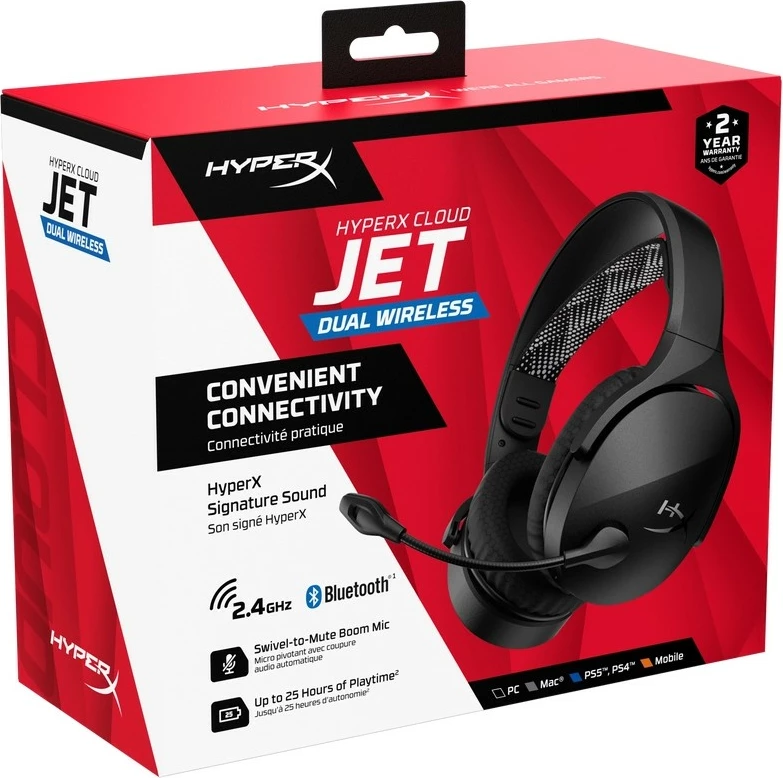 Kufje gaming pa tela HyperX Cloud Jet AJ0T1AA, 2.4 GHz + Bluetooth 5.3, stereo, drajverë 40 mm, bateri 25 orë, mikrofon boom me mute, e zezë
