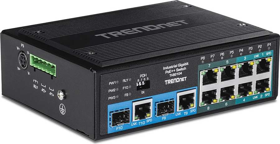 Switch TRENDnet TI-BG104, Gigabit, 10 porta RJ-45 + 2 SFP, PoE++, DIN-Rail, i zi