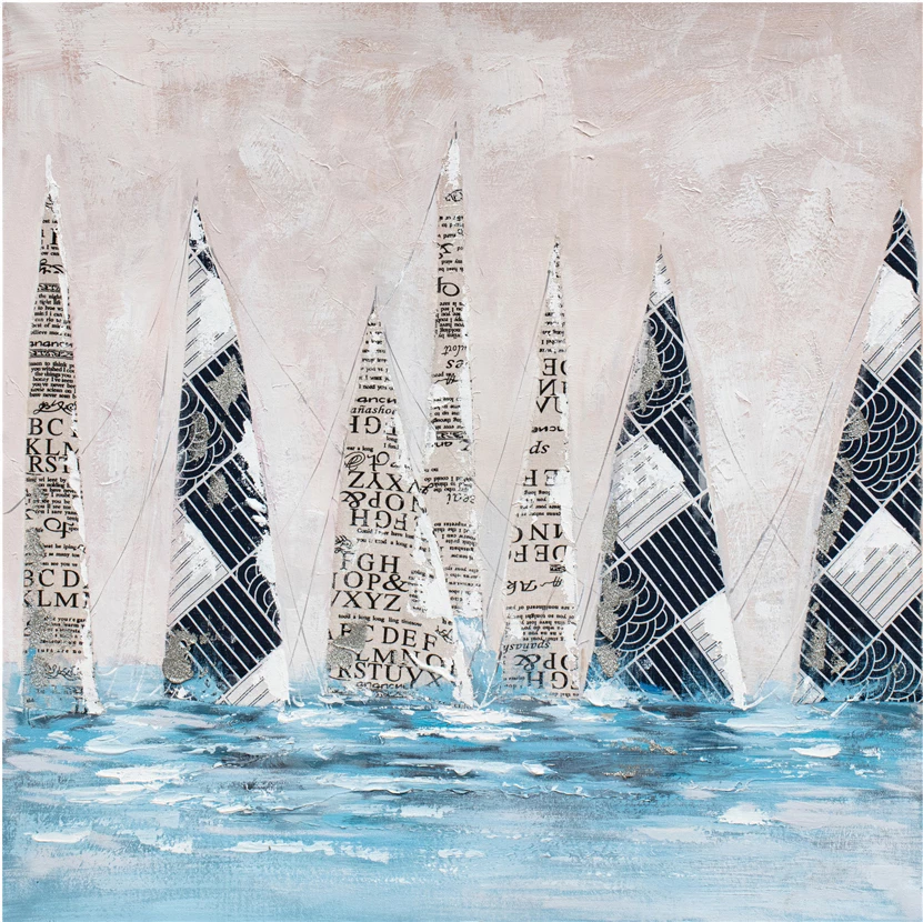 Pikturë dekorative me varka lundruese, shumëngjyrëshe, kornizë druri e zezë, 82x82x5cm