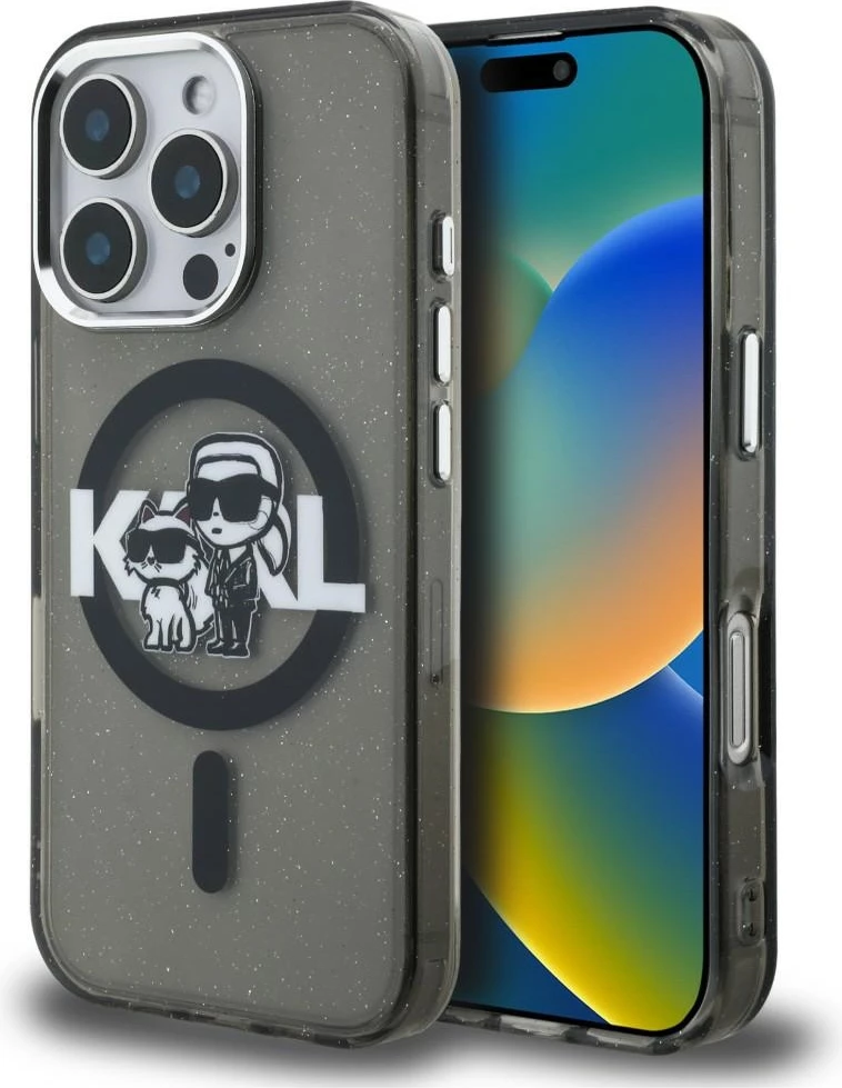 Mbështjellës Karl Lagerfeld IML Glitter Karl & Choupette Sketch Logo MagSafe për iPhone 16 Pro Max, i zi