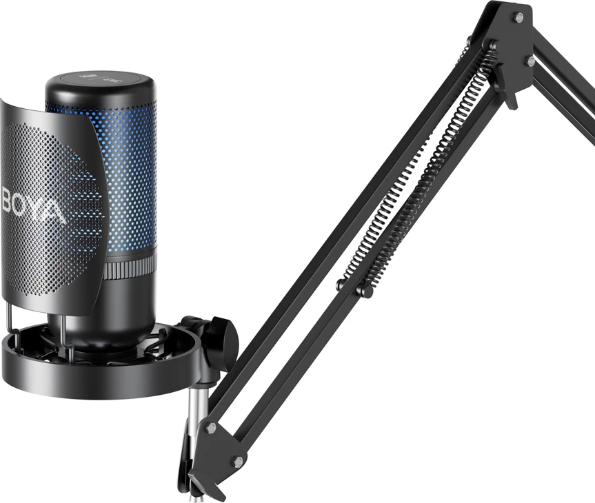 Mikrofon BOYA K3 me kabllo USB-C, 48 kHz/16-bit, superkardioid, RGB, me stativ tavoline & pop filter, i zi