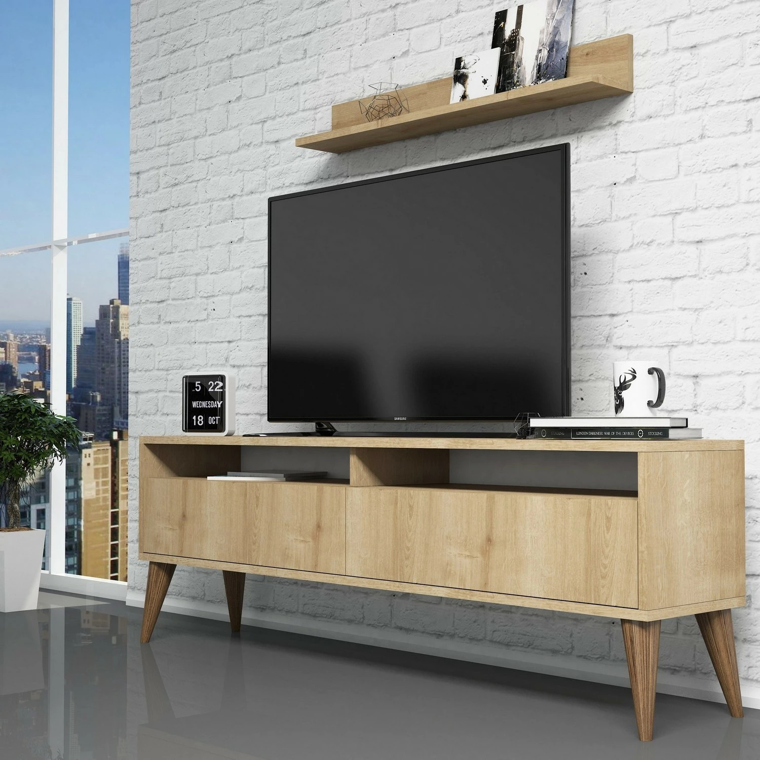 Set komodë TV me raft muri, ngjyrë lisi, Hanah Home, Best