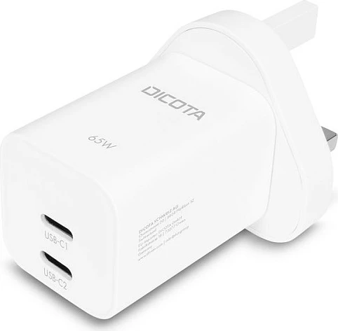 Karikues muri DICOTA 2-port GaN 65W, USB-C, prizë UK, i bardhë