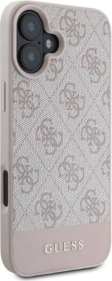 Mbështjellës Guess 4G Bottom Stripe për iPhone 16 6.1", hardcase TPU/PC/eko-lëkurë, rozë