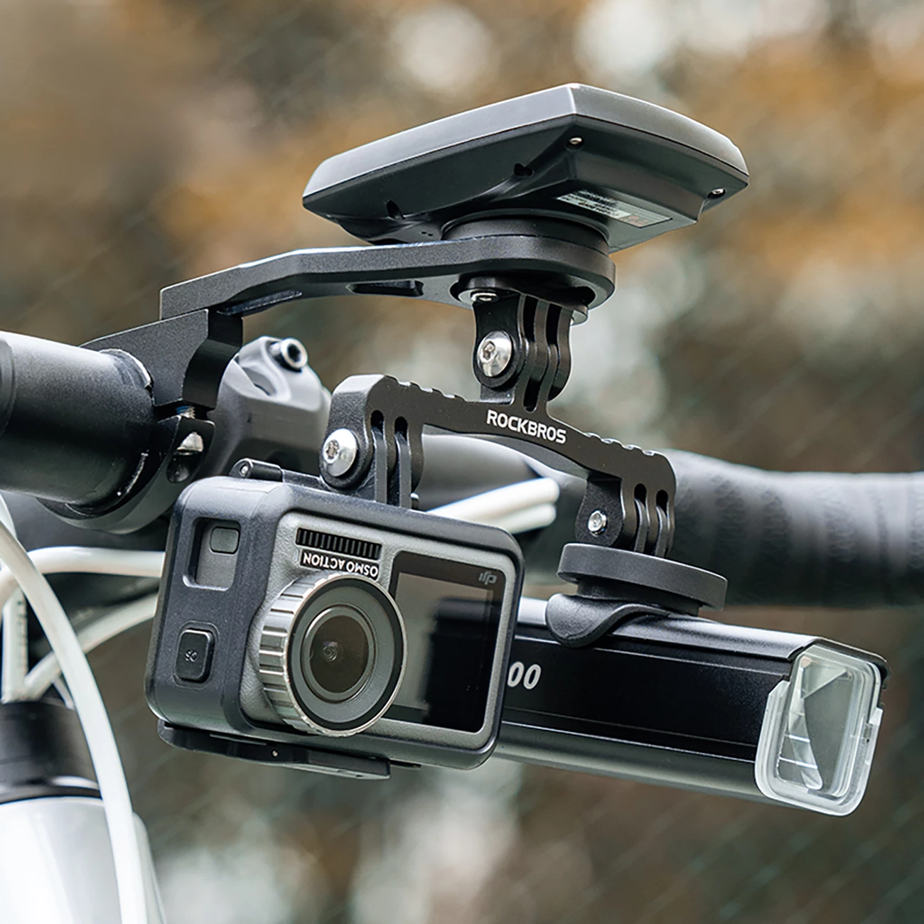 Mbajtëse timoni biçiklete Rockbros FK-301 2-në-1, për kompjuter Garmin/Wahoo/Bryton + dritë/kamerë GoPro, 31.8 mm, E zezë