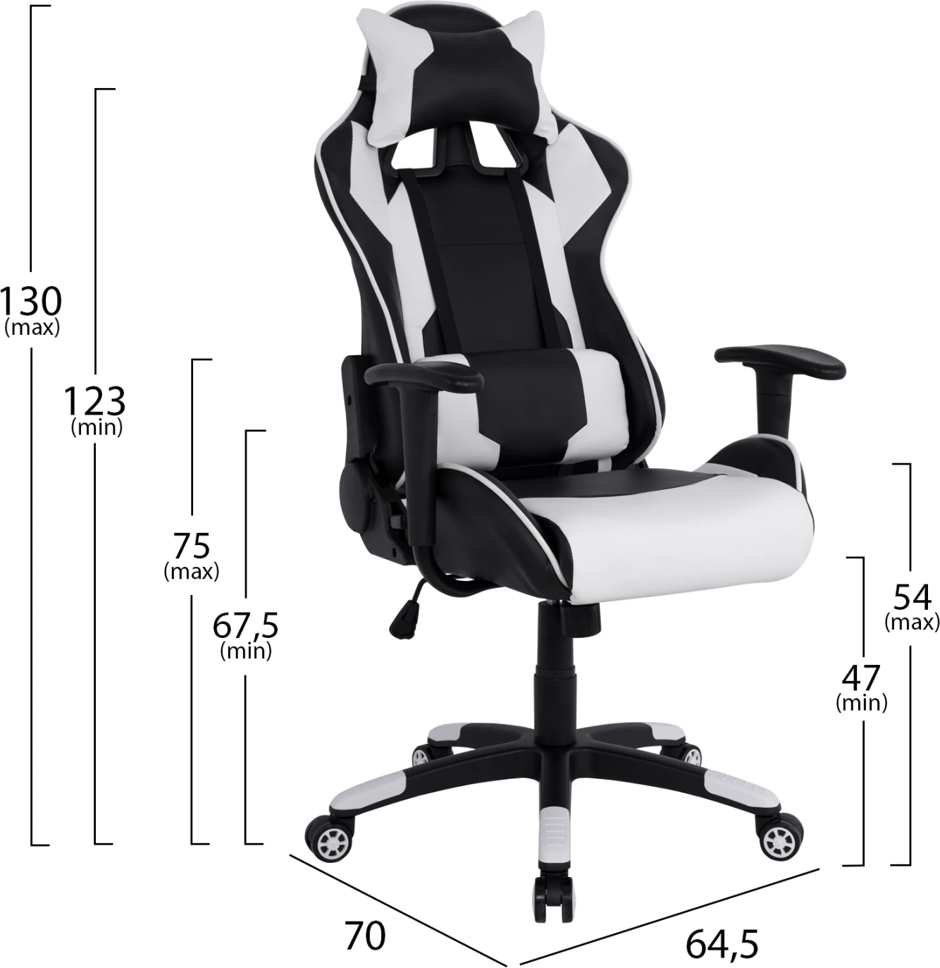 Karrige gaming për zyre, ngjyrë bardhë e zezë, FH1072.04, 66.5x70x(122-129) cm