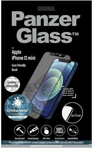 Xham mbrojtës PanzerGlass për iPhone 12 mini, Microfracture, antibakterial, me mbulesë kamere Swarovski, kornizë e zezë