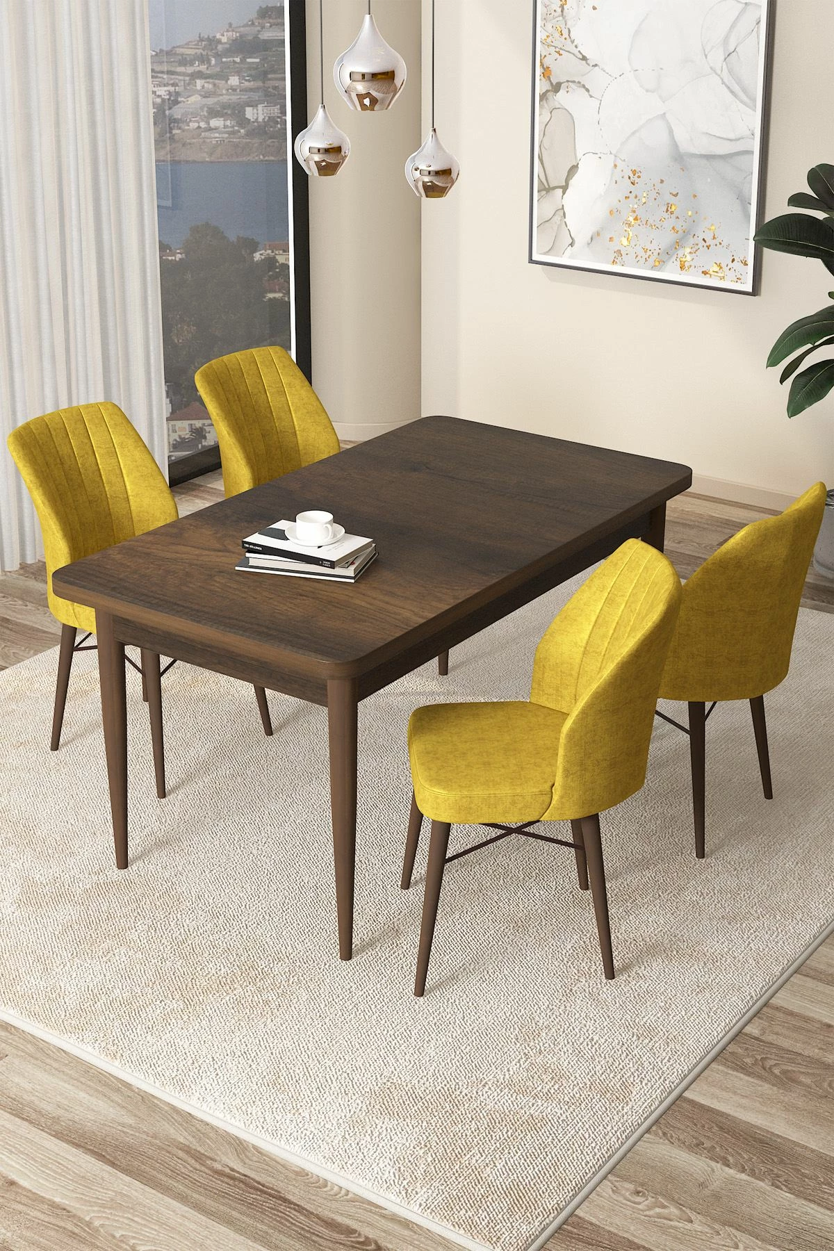 Tavolinë me karrige, 5 copë, Skye Decor, Barok, mustard