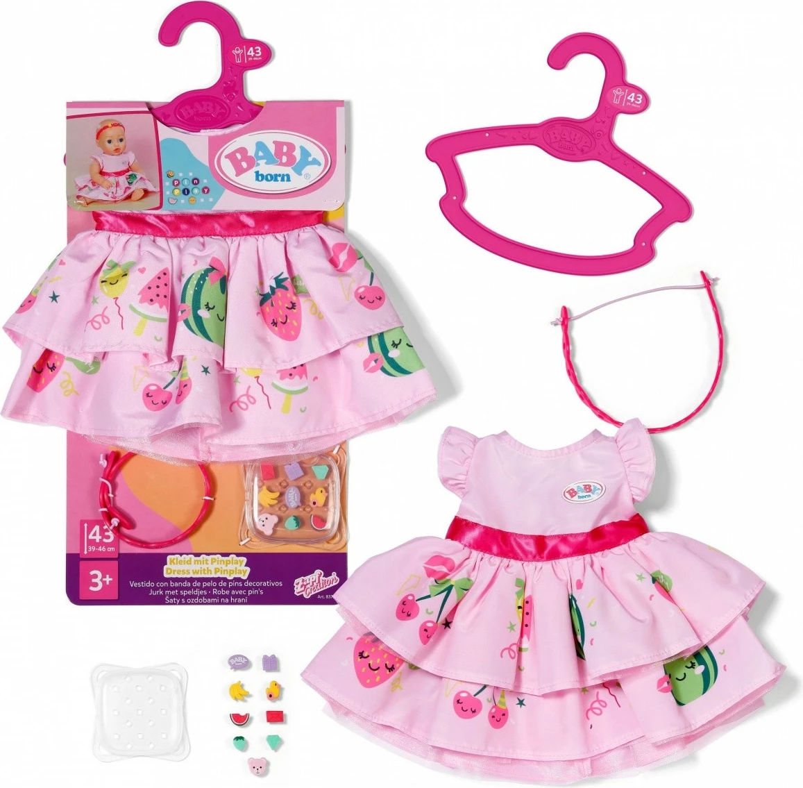 Fustan kukulle, Baby Born, Pin-Play Dress 43 cm, rozë, set me shirit koke dhe pins