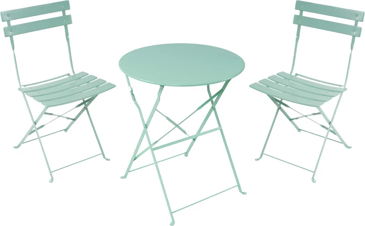 Tavolinë me karrige për terasë, metalike, palosëse, ngjyrë mente, set 3 copë, Φ60x71cm