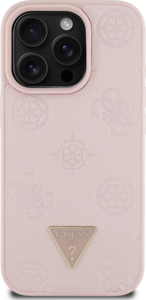 Mbështjellës Guess Grained Hot Stamp Peony Triangle Logo MagSafe për iPhone 16 Pro, Rozë