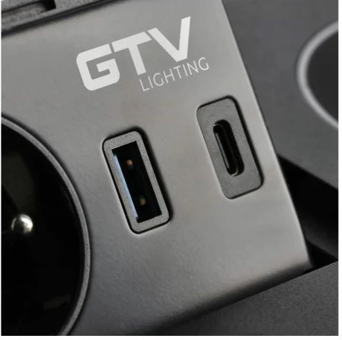 Prizë e integrume GTV AVARO PLUS, 1x 230V/16A, USB-A + USB-C, karikim wireless Qi, e zezë