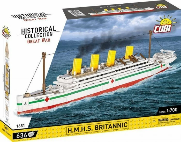 Set blloqe ndërtimi Cobi H.M.H.S. Britannic 1681, 636 copë, shkalla 1:700, me bazë ekspozimi