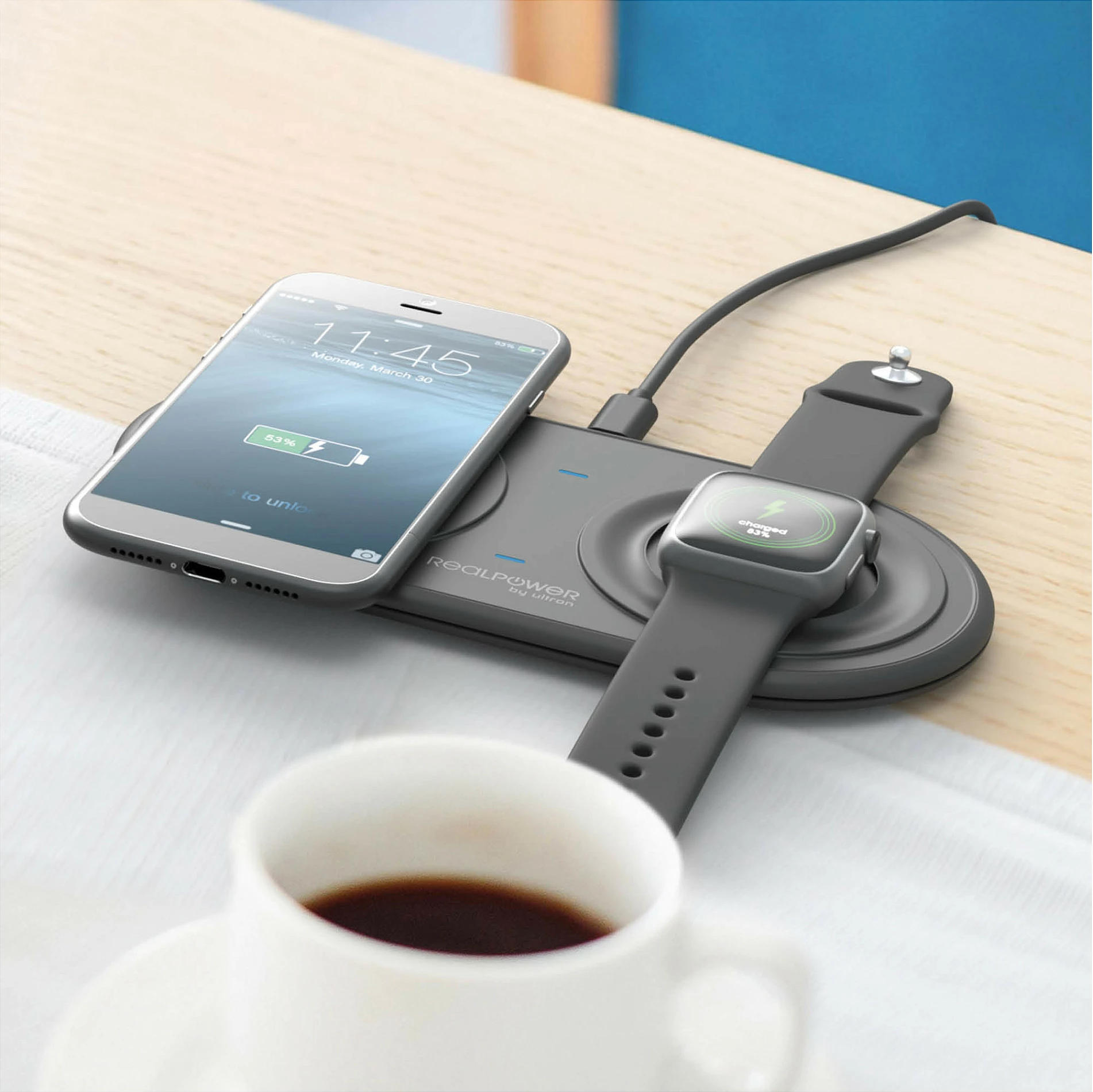 Karikues wireless RealPower ChargeAIR Duo, 15W, USB, për celular dhe smartwatch, i zi