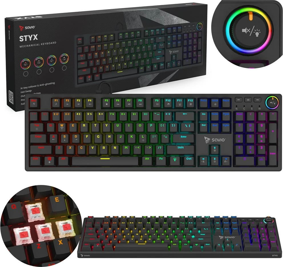 Tastierë mekanike SAVIO STYX Outemu Red, RGB, Full-size, e zezë