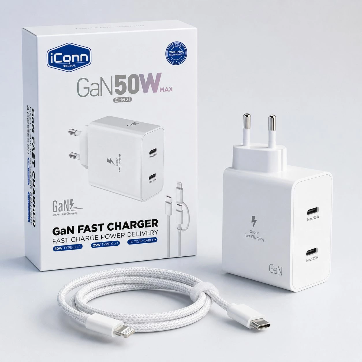 Karikues iConn CH621 GaN 50W me USB-C dhe USB-A