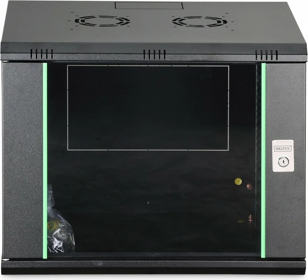 Kabinet rrjeti i montueshëm në mur, Digitus DN-37105, 19" 9U, 474x600x450 mm, derë xhami, ngarkesë 60 kg, i pa-montuar, zi