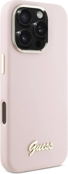 Mbështjellës Guess Silicone Script Metal Logo & Frame për iPhone 16 Pro, Rozë