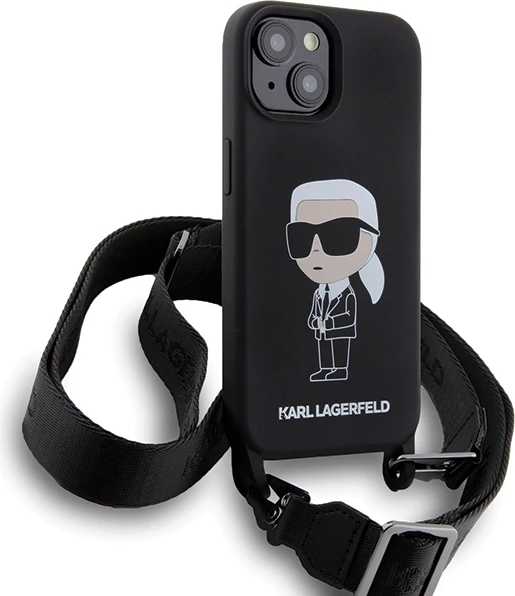 Mbështjellës Karl Lagerfeld Crossbody Silicone Ikonik për iPhone 15 6.1", i zi, me rrip