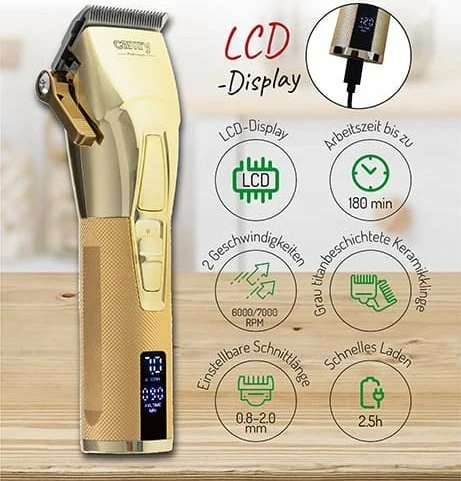 Makinë qethje Camry CR 2835G, 8 nivele 1.5-18 mm, teh qeramik & kokë titaniumi, bateri, USB-C, gold