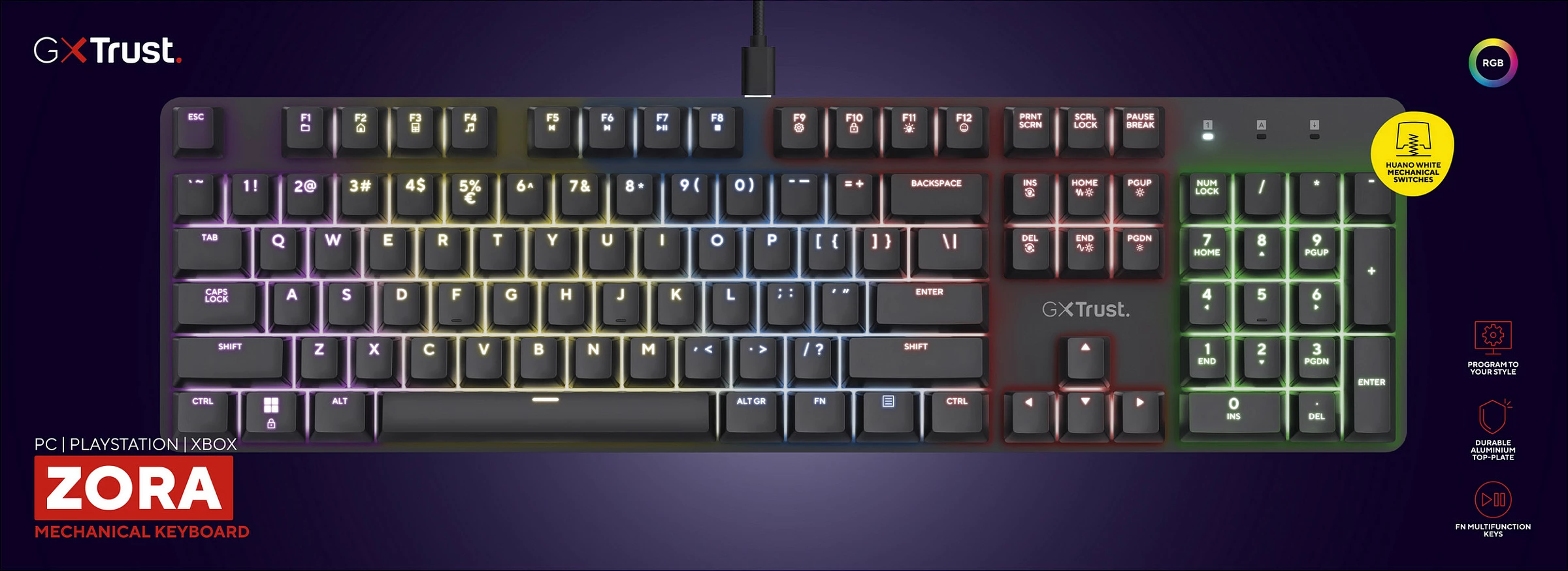 Tastierë mekanike Trust GXT 871 Zora, full-size 100%, USB, RGB, layout gjerman, e zezë