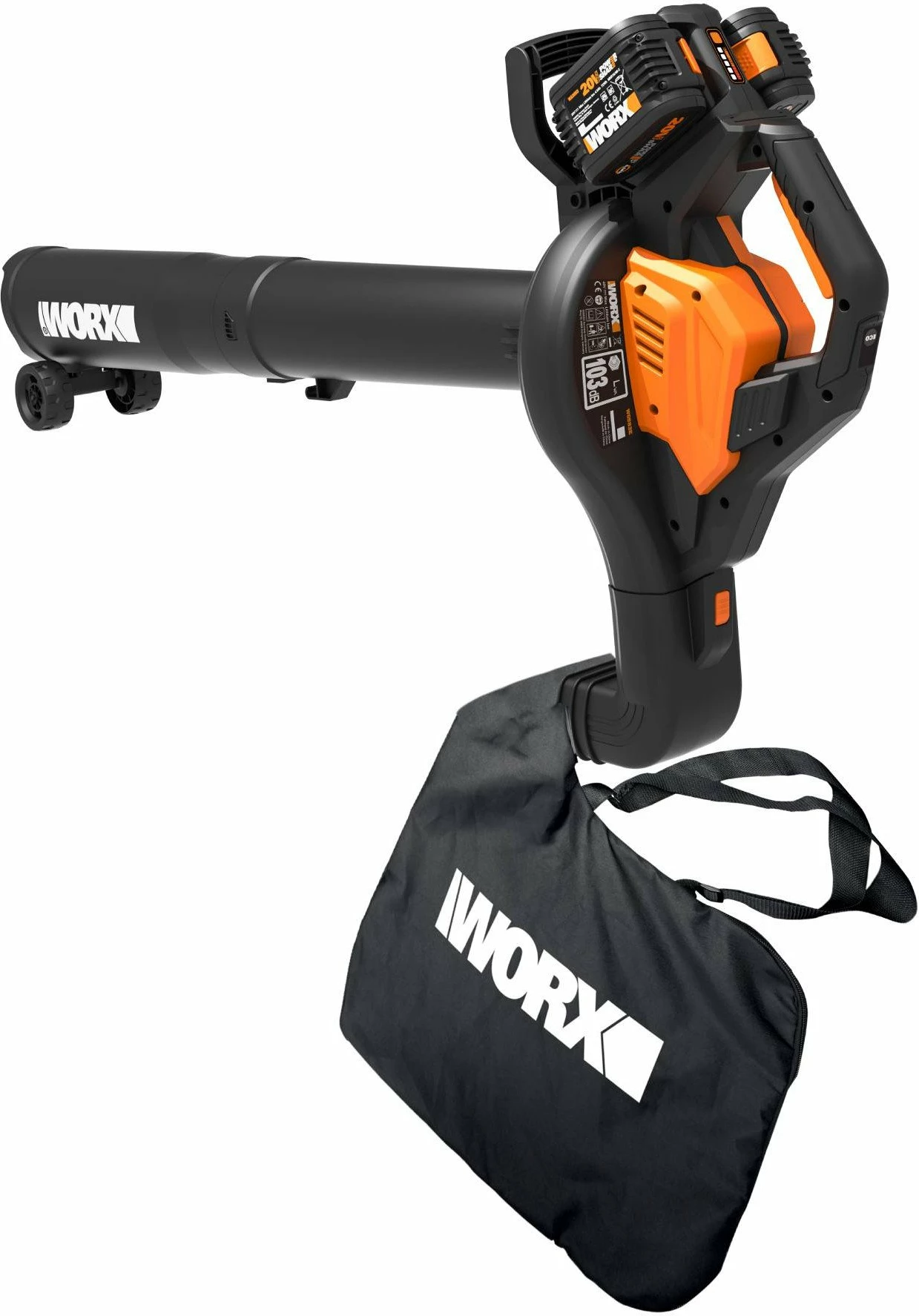 Fryrës/thithës gjethe Worx WG583E 40V MAX (2x20V) 2x4Ah me karikues, çantë 35L