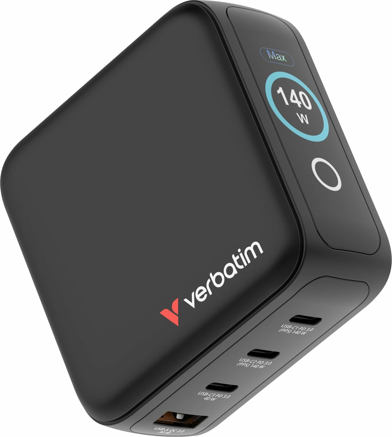 Karikues GaN Verbatim Mini 140W (30240) 3xUSB-C PD/1xUSB-A QC me ekran touch TFT, me priza ndërrueshme EU/UK/USA, i zi