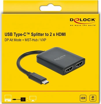 Adapter USB-C DeLOCK në 2x HDMI, MST/VXP, 4K, i zi