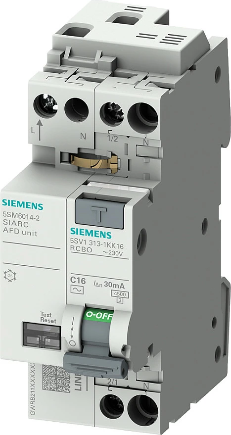 Ndërprerës diferencial automatik Siemens 5SV1316-6KK10, Typ A, 30mA, B10, 10A, 2-polësh, 6kA, DIN-rail, i bardhë/gri
