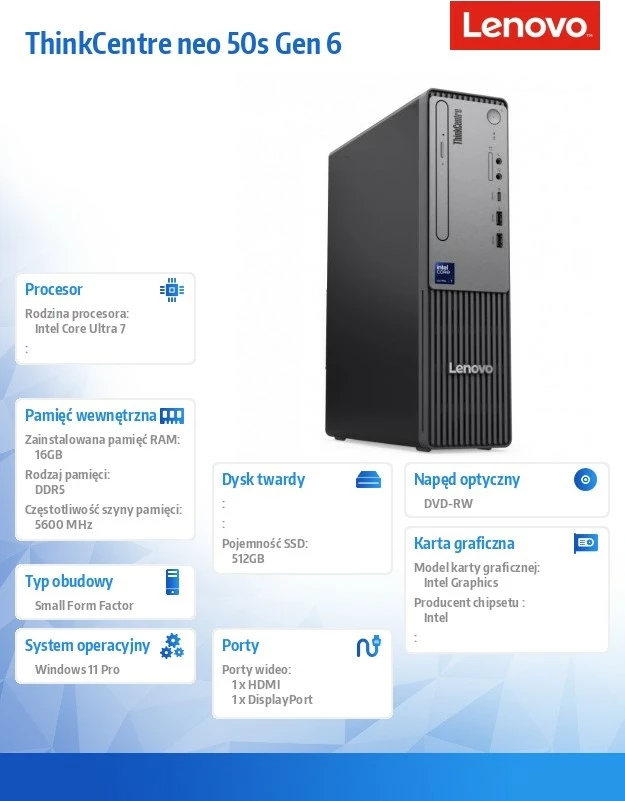 Kompjuter desktop Lenovo ThinkCentre neo 50s Gen 6 13DM002APB, Intel Core Ultra 7 265, 16GB RAM, 512GB SSD, Intel Graphics, Windows 11 Pro, SFF, Black/Silver, set tastierë + maus