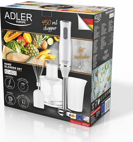 Blender dore Adler AD4620 800W, 2 shpejtësi, gotë 750 ml, grirës 450 ml, i bardhë, set 4-në-1