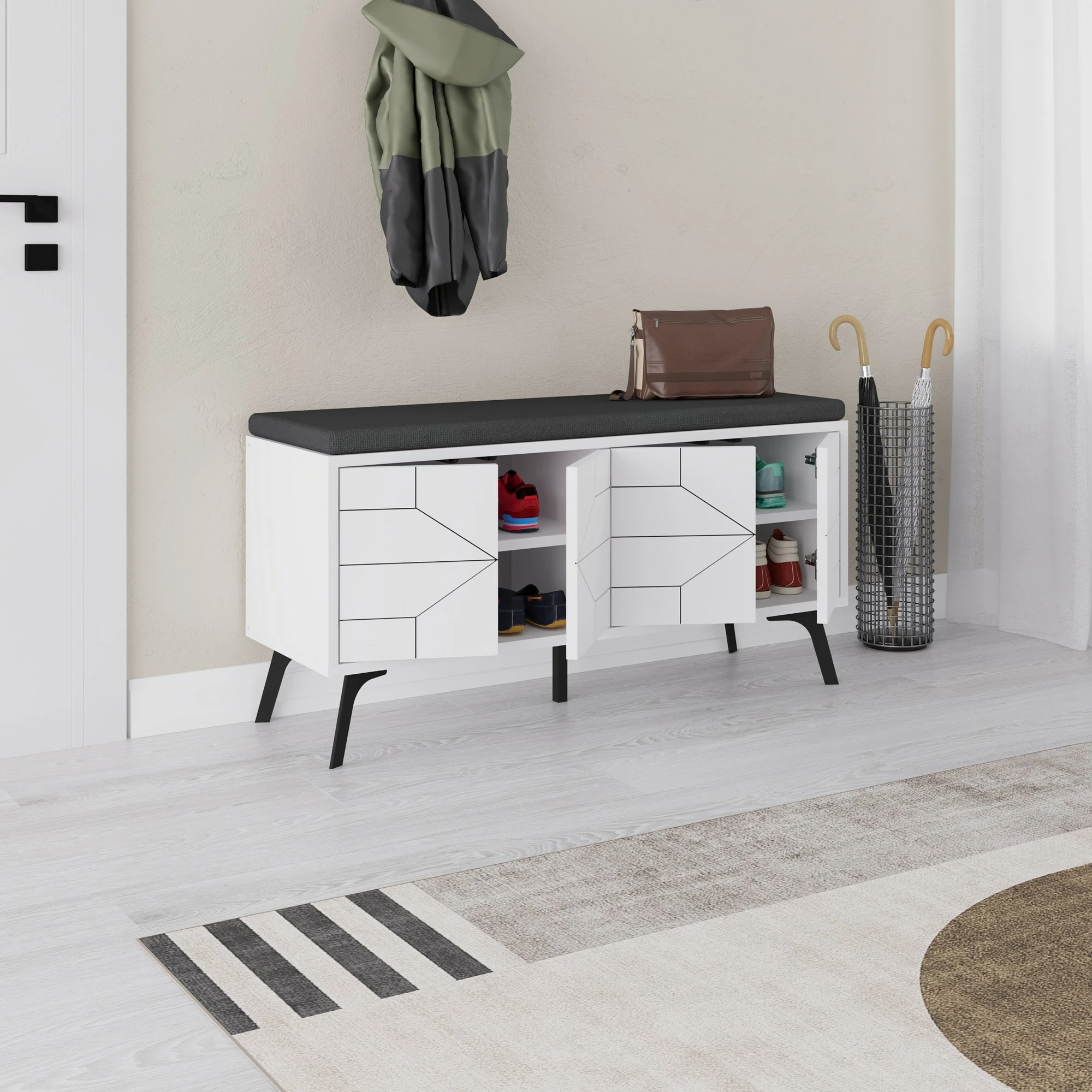 Dollap këpucësh Skye Decor, me ulëse, ngjyrë e bardhë