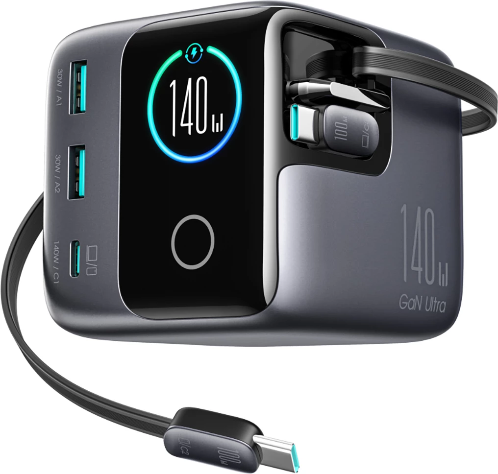 Karikues tavoline GaN, Joyroom Podix JR-TRD01, 140W, 5 porta me dy kabllo USB-C tërheqëse, gri