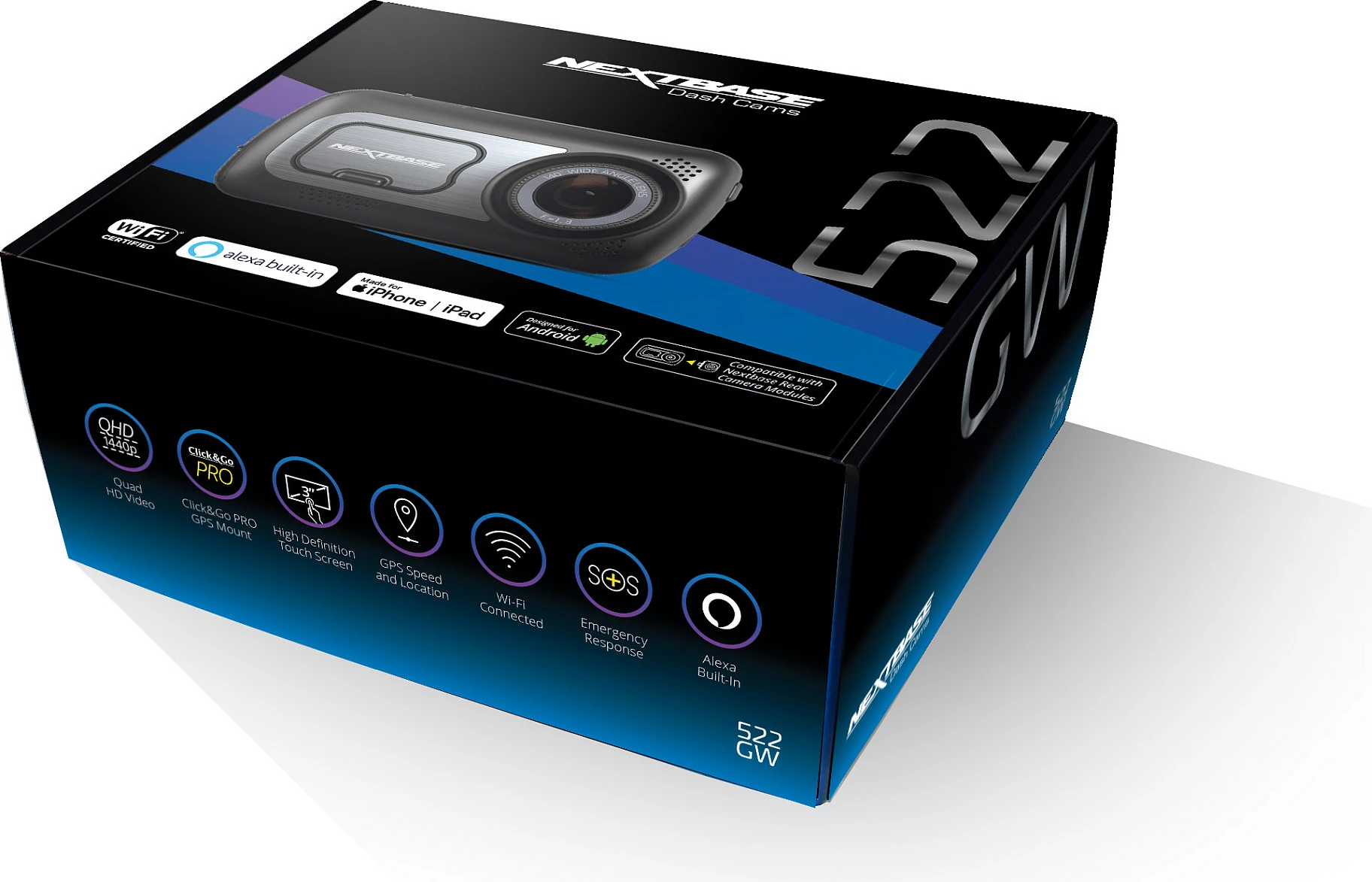 Dashcam Nextbase 522GW, 2560 x 1440 (1440p), kënd i gjerë 140°, e zezë