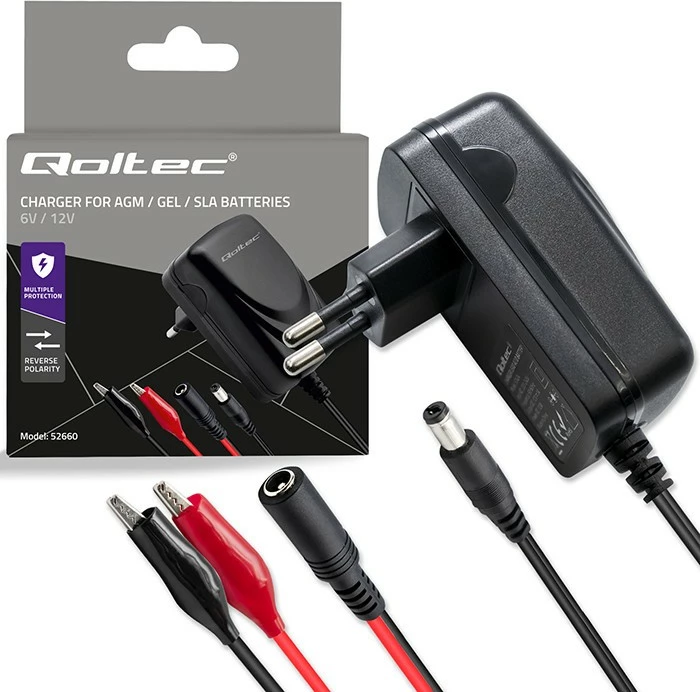 Karikues akumulatori Qoltec 52660 6V/12V 6W 5.5x2.1, kabllo 1.8m, i zi