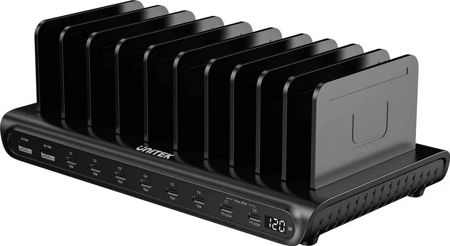 Stacion karikimi Unitek 10-portësh USB-A/USB-C, 120W, PD 3.0, i zi