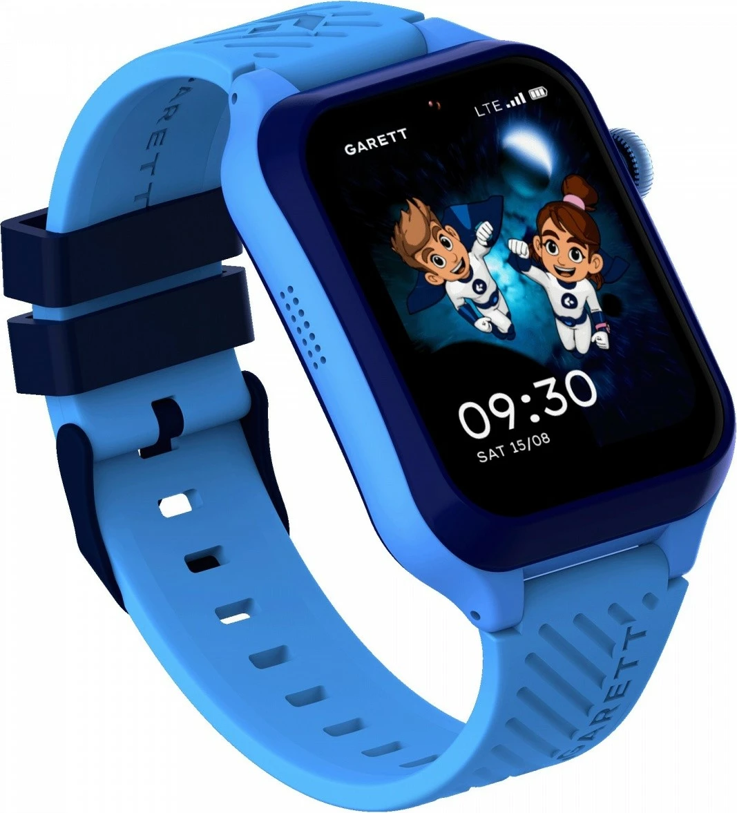Smartwatch për fëmijë Garett Kids Essa 2 AI 4G LTE, 1.77\" AMOLED, 16 GB, GPS, nanoSIM, IP68, kamerë 5 MP, blu, set me 2 rripa + pod karikimi