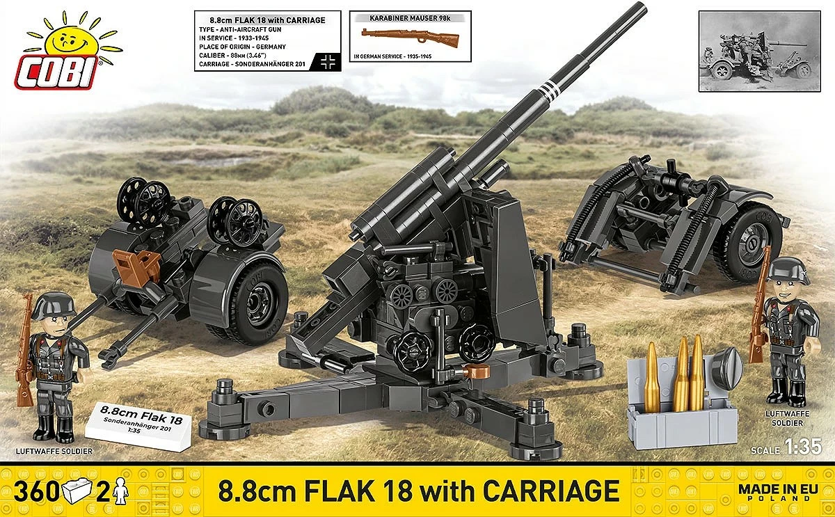 Set blloqe ndërtimi, Cobi, 8.8 cm Flak 18 me rimorkio, COBI-3140, 360 pjesë, shkallë 1:35, 2 figurina