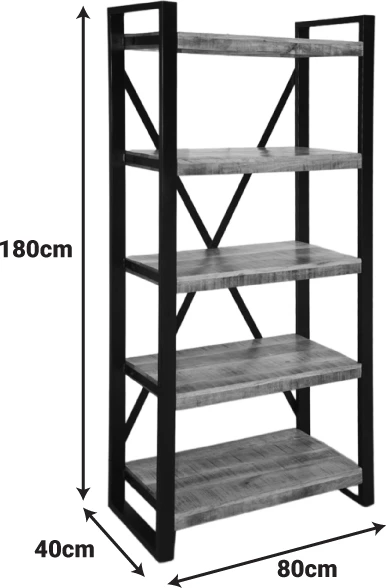 Raft librash Miles, dru mango natyral, metal i zi, 80x40x180cm