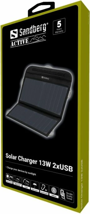 Karikues solar Sandberg 420-40 13W 2xUSB-A, i zi, set me kabllo karikimi + 4 karabina