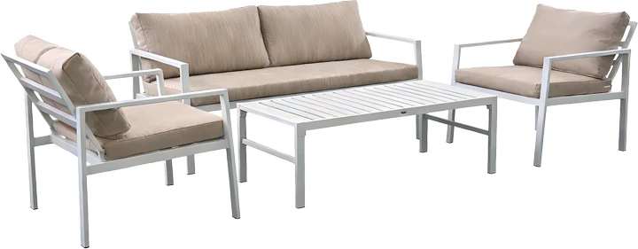 Set lounge për oborr, 4 pjesë, kornizë e bardhë, jastëkë bezhë, Gardenly